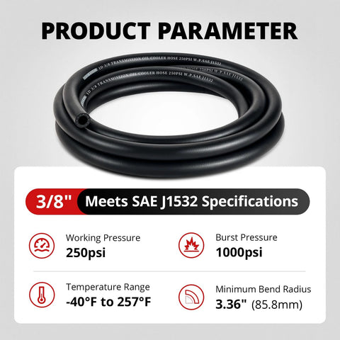 3/8 inch black transmission oil cooler hose, 5 ft coil, SAE J1532, 250 psi working pressure.