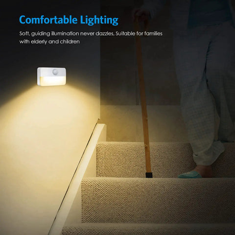 4 Pack Mini Motion Sensor Stair Lights Battery Powered Cordless LED Night Lights No Wires Easy Install 40 Lumens 3000K For Stairs Hallways Bathrooms Kitchens Cabinets Auto On When Motion Detected Up To 16 Feet