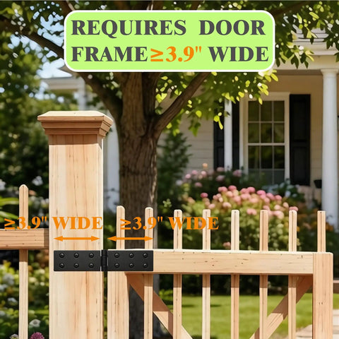 Tough As Nails Heavy Duty Gate Hinges 4 Pack on a gate with requirement for a 3.9 inch wide door frame, showcasing black steel hinge.