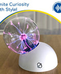 Plasma Ball Essential STEM Tool For Curious Minds A 5 Inch Glass Sphere With An Awesome Interactive Electric Light Show Learn Electricity Matter And Energy Through A Sound Activated High Voltage Neon Glow, white base on table