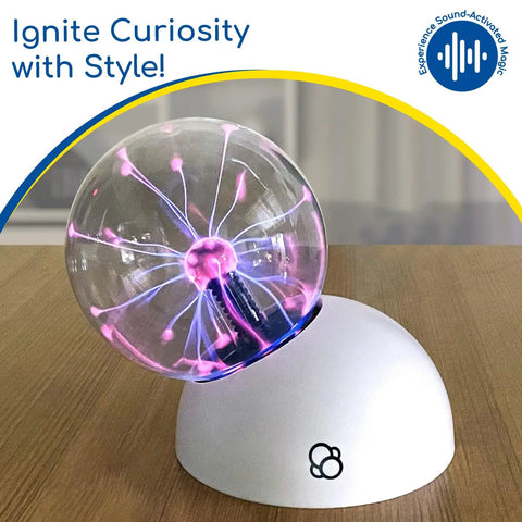 Plasma Ball Essential STEM Tool For Curious Minds A 5 Inch Glass Sphere With An Awesome Interactive Electric Light Show Learn Electricity Matter And Energy Through A Sound Activated High Voltage Neon Glow, white base on table