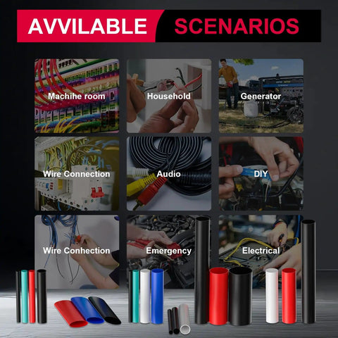Collage showing scenarios for 230 Pcs 3 To 1 Heat Shrink Tubing Kit With 8 Sizes, Adhesive Lined Marine Grade Shrink Wrap in 5 colors