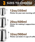Stainless Steel Milk Frothing Pitcher Set 12oz 20oz 32oz For Espresso Machines Pro Grade Barista Tools shown in 3 sizes