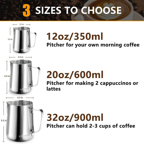 Stainless Steel Milk Frothing Pitcher Set 12oz 20oz 32oz For Espresso Machines Pro Grade Barista Tools shown in 3 sizes
