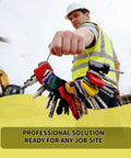 Construction Equipment Keys Master Set 22 Piece for heavy machinery access with CAT 5P8500, variety of keys in hand at job site