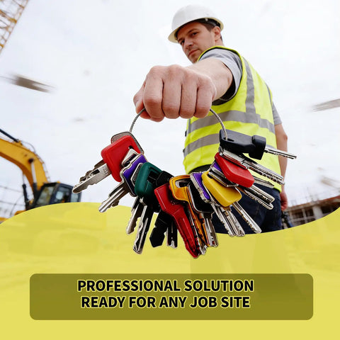 Construction Equipment Keys Master Set 22 Piece for heavy machinery access with CAT 5P8500, variety of keys in hand at job site