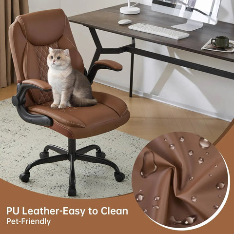 Leather Home Office Desk Chair With Ergonomic Back Support, Swivel Wheels, Flip Up Armrests shown with cat sitting, brown.