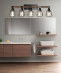 Bathroom with Five Light Farmhouse Vanity Light With Black Wood And Metal Cage For Bathroom Over Mirror, industrial style