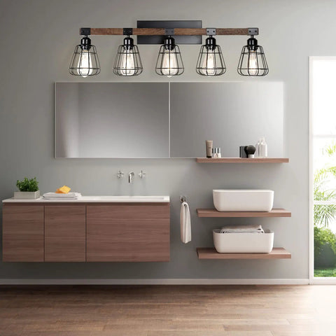 Bathroom with Five Light Farmhouse Vanity Light With Black Wood And Metal Cage For Bathroom Over Mirror, industrial style