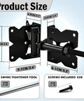 Heavy Duty Self-Closing Gate Hinges For Wooden And PVC Fences, Adjustable Spring Tension, Self-Closing Gate Hardware Kit, Black Finish, 2-Pack For Garden Gates And Fences. Product size diagram with black steel hinge and screws