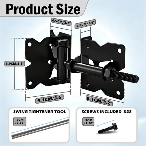 Heavy Duty Self-Closing Gate Hinges For Wooden And PVC Fences, Adjustable Spring Tension, Self-Closing Gate Hardware Kit, Black Finish, 2-Pack For Garden Gates And Fences. Product size diagram with black steel hinge and screws
