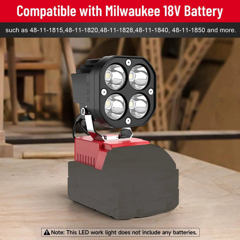 Cordless LED Work Light 40W 6000 Lumens 6500K for outdoors and job site use with 120 degree beam Milwaukee 18V battery compatible