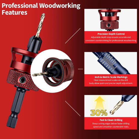 Pro Grade Wood Countersink Drill Bit Set For Wood Six Piece With Sizes 4 6 8 10 12 Adjustable Depth Stop Hex Key And Driver Bit