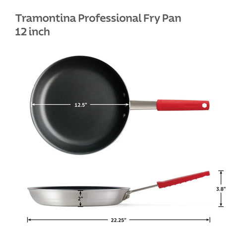 Heavy Duty 12 Inch Nonstick Frying Pan With Slick Release Coating Built Like A Tank For Family Portions And Fast Weeknight Grub No Sweat Cooking or Cleanup, top view showing nonstick surface and red handle.