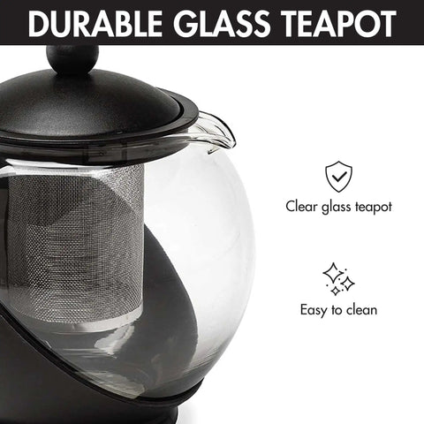 Half Moon Glass Teapot With Removable Infuser And Fine Mesh Stainless Steel Filter Dishwasher Safe 40 Ounce Black Tea Maker Borosilicate Glass With Protective Handle Easy Pour