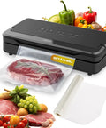 Precision Vacuum Sealer Pro with sealed steak and 20ft bag roll, showcasing wet and dry sealing modes and vegetables.