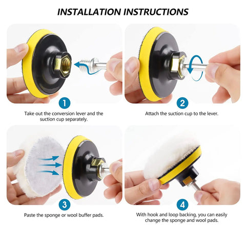 Installation process for Pro Grade 22 Piece Drill Buffing Pads Kit with suction cups and wool pads, step-by-step guide.