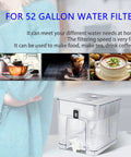 Large water filter pitcher with 52-gallon capacity, shown with tea and coffee images, for home use and fast filtration.
