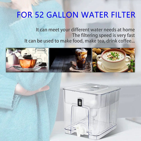 Large water filter pitcher with 52-gallon capacity, shown with tea and coffee images, for home use and fast filtration.