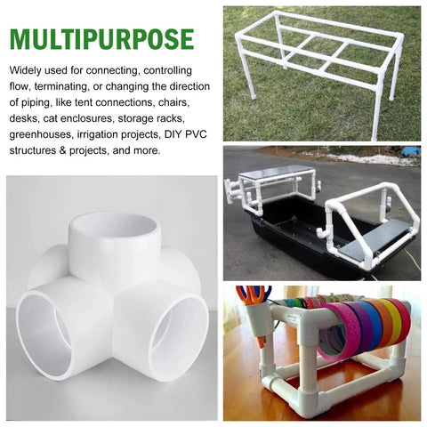 Five Way 2 Inch PVC Pipe Fittings White SCH40 Furniture Grade Connectors for DIY Projects shown in various applications