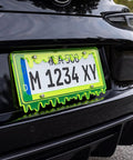 Glow In The Dark Dope Fluorescent Green Acrylic License Plate Frame With Screws Fits Standard 6x12 Inch Car Plates Transparent Universal Tag Frame Holder Scratch Resistant Clear Edges Style 1 on a black car.