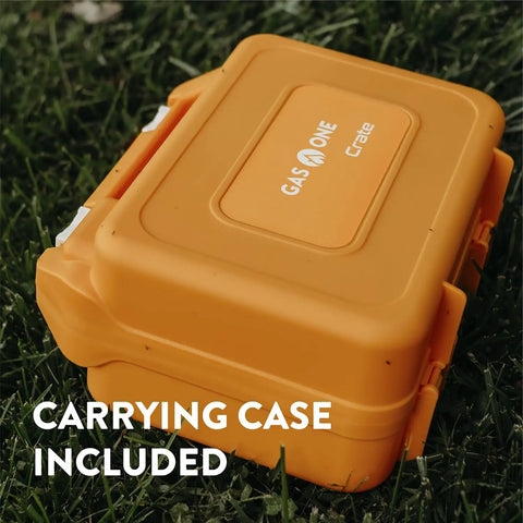 Butane Camp Stove For Hiking And Camping From The Crate Series, portable orange carrying case on grass