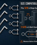 Four Piece Gate Hinge Kit With 1-5/8 Inch Heavy Duty Galvanized U Bolt Clamps For 5/8 Inch Hinge Eyes, size chart display