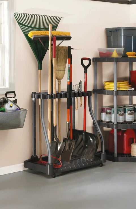 Garage Tool Tower Rack With Casters Organize Up To 40 Long Handled Tools Rakes Brooms Shovels Head Down Storage in garage corner