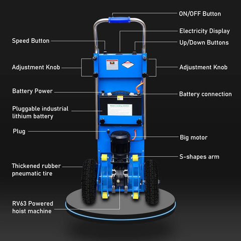 Heavy Duty 1200W Electric Stair Climbing Hand Truck Dolly Cart with blue motor and adjustable features for moving furniture.