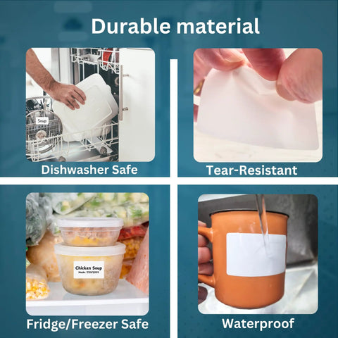 Waterproof White Write On Label Stickers Made From Durable Polypropylene With Permanent Adhesive, shown in use on various items.