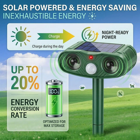 Motion Activated Outdoor Animal Repellent 2 Pack For Deer Raccoons Cats Squirrels With 110 Degree PIR Sensor, solar-powered garden stake