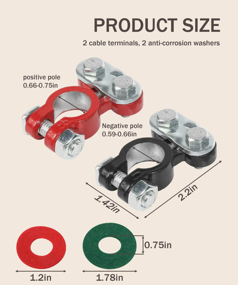 2 Pack Battery Terminal Clamps With Plated Top Terminals And Post Washers, Anti Corrosion Car Battery Connectors