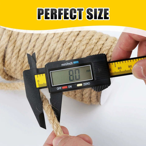 Measuring 8mm diameter of Natural Jute Twine Rope 8mm By 50ft Heavy Duty Roll for cat scratching posts and DIY crafts