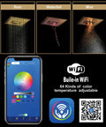 Badass Gold Thermostatic Shower System With Dope 40X40CM LED Ceiling Mount Rainfall And Waterfall Head showing rain, waterfall, mist modes.