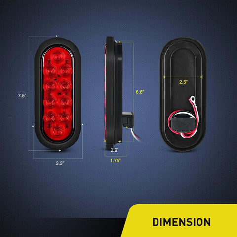 Dimensions of Six Inch Oval Trailer Tail Light Kit With Red And White 10 LED Per Light 6 Pack Flush Mount Grommets And Plugs