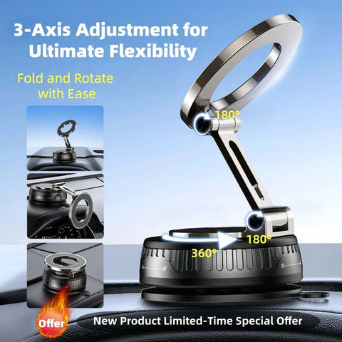 MagSafe Car Phone Mount With 360 Degree Rotatable Holder Rock Solid Vacuum Suction Up To 180 Lbs Nano Gel Grip shown in 3-axis adjustment position.
