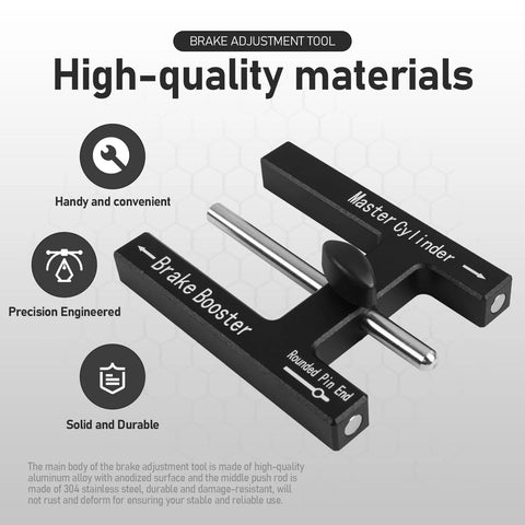 Brake adjustment tool, black CNC aluminum with silver pushrod, two arms labeled Brake Booster and Master Cylinder
