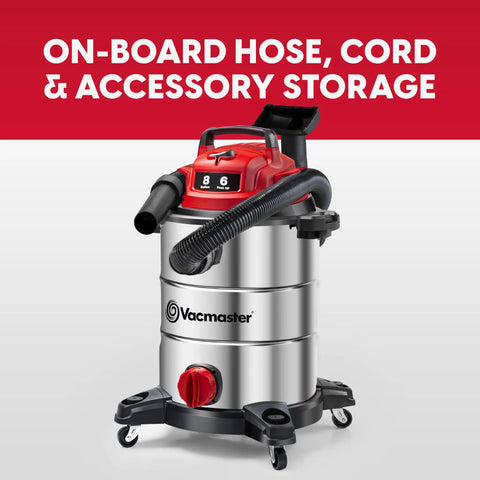 Heavy-Duty 8-Gallon Stainless Steel Wet/Dry Vacuum With Boss-Level Suction, 83-Inch Lift, Red Edition with onboard storage