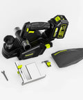 No-Fuss 20V Cordless Wood Planer With Included 4Ah Battery, features a compact design, adjustable depth, and complete accessory kit.