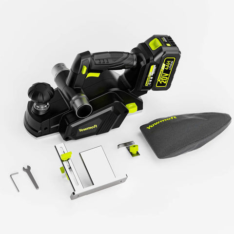 No-Fuss 20V Cordless Wood Planer With Included 4Ah Battery, features a compact design, adjustable depth, and complete accessory kit.