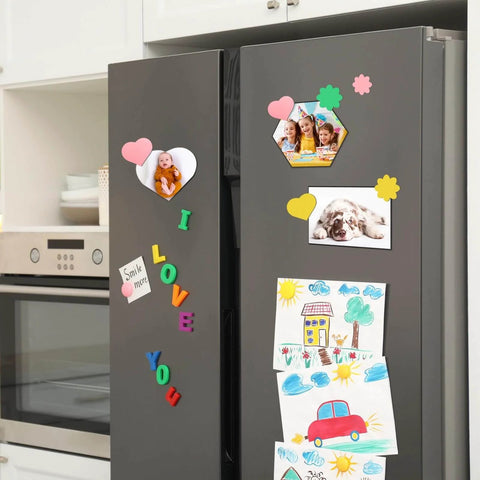 24 Pack Non-Adhesive Magnetic Sheets For Die Cuts, 5x7 Inches used for fridge organization with photos and notes displayed