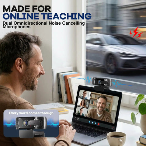 Next Gen 4K Webcam With Built In Mic For PC Streaming And Video Calls delivers footage as a man teaches online with dual mics.