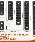 Aluminum Single Sided Picatinny Rail System in 3 5 7 9 11 and 13 slot sizes with dimensions and Allen wrench shown