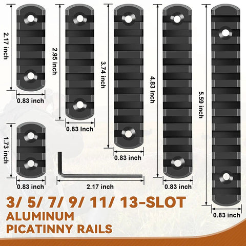 Aluminum Single Sided Picatinny Rail System in 3 5 7 9 11 and 13 slot sizes with dimensions and Allen wrench shown