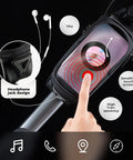 Oversized EVA Waterproof Bike Top Tube Frame Bag Phone Holder with 1.7L capacity, touch screen use, headphone jack visible.