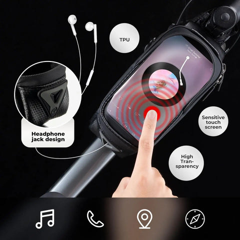 Oversized EVA Waterproof Bike Top Tube Frame Bag Phone Holder with 1.7L capacity, touch screen use, headphone jack visible.