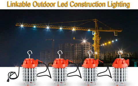 Five 100W LED Temporary Work Lights With 14000 Lumens Of Bright 5000K White Light, Linkable For Job Sites With Construction Crane Background