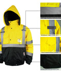 High Visibility Reflective ANSI Class 3 Bomber Jacket for Men Waterproof Safety Workwear Yellow Large Construction Gear details
