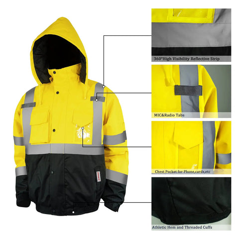 High Visibility Reflective ANSI Class 3 Bomber Jacket for Men Waterproof Safety Workwear Yellow Large Construction Gear details