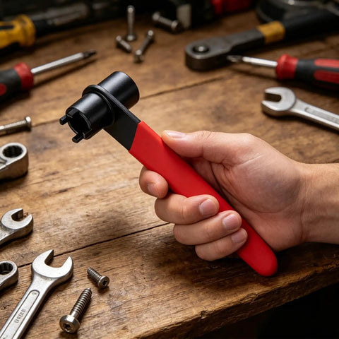 Hand holding Double Head Four Claw Spanner For Angle Grinder Quick Disc Change, Hex Socket End, on workbench